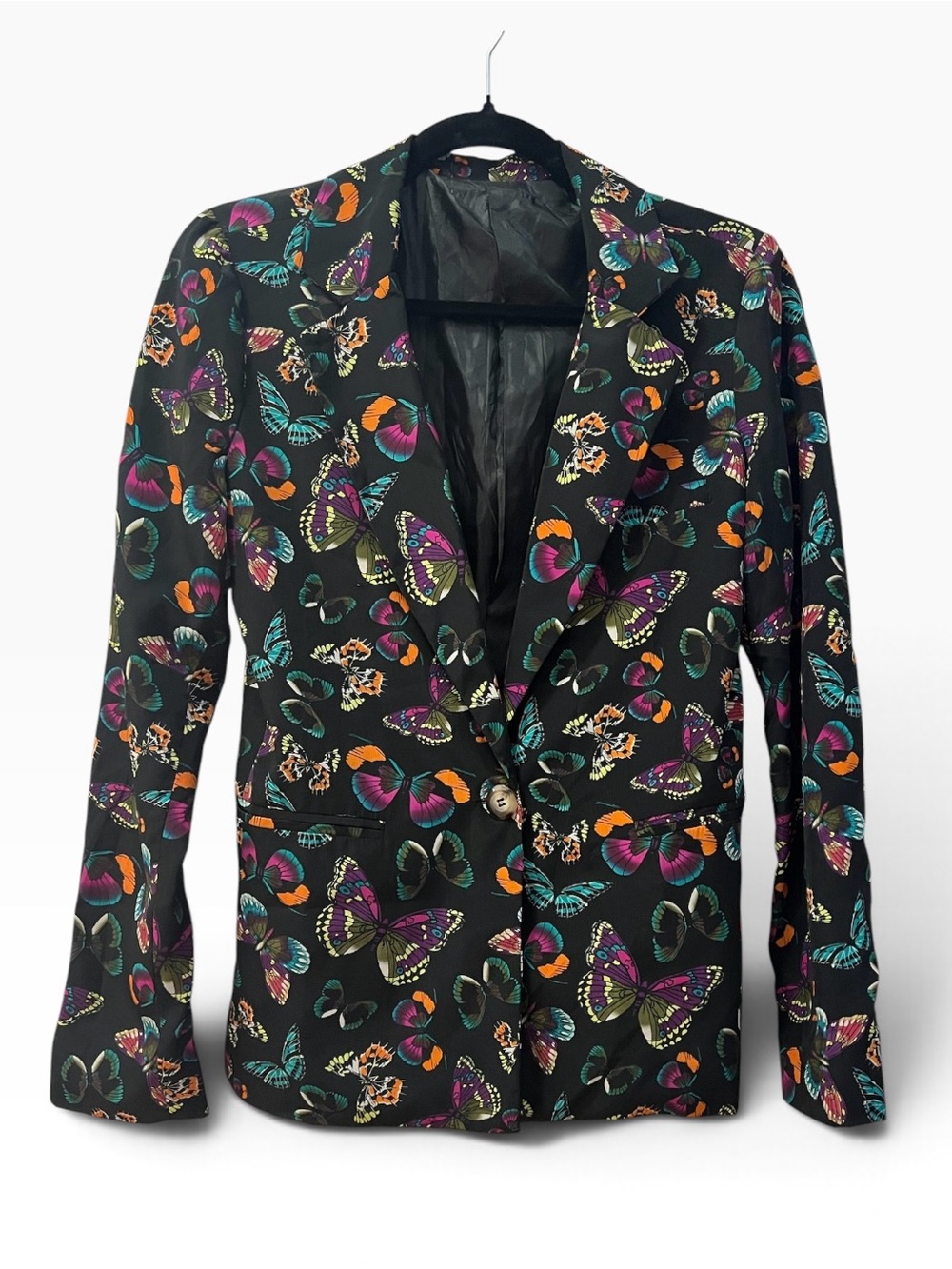 Butterfly Print Tailored Black/ Colorful Silky Blazer Statement Jacket